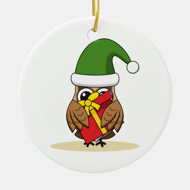 Christmas Elf Owl with Present Ceramic Ornament (Front)