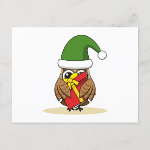 Christmas Elf Owl with Present Holiday Postcard
