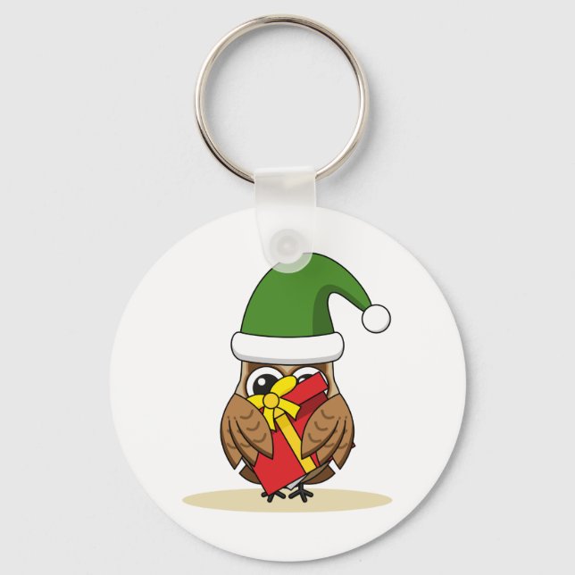 Christmas Elf Owl with Present Keychain (Front)