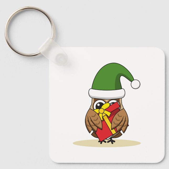 Christmas Elf Owl with Present Keychain (Front)
