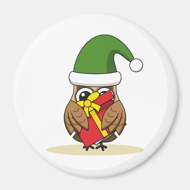 Christmas Elf Owl with Present Magnet (Front)