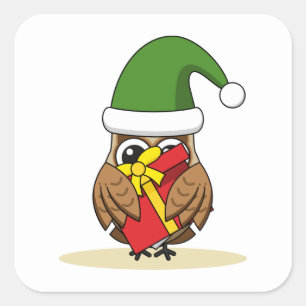 Christmas Elf Owl with Present Square Sticker