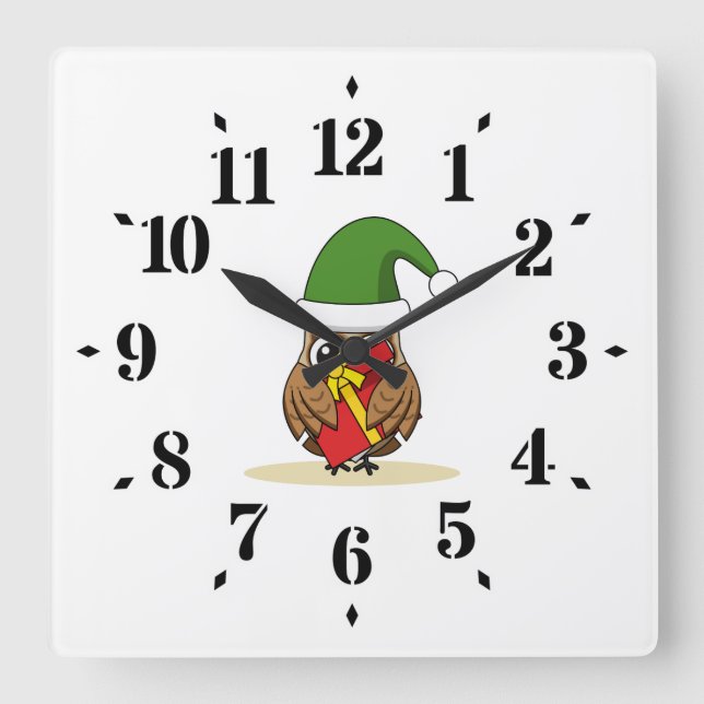 Christmas Elf Owl with Present Square Wall Clock (Front)