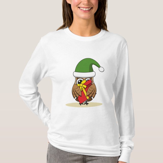 Christmas Elf Owl with Present T-Shirt (Front)