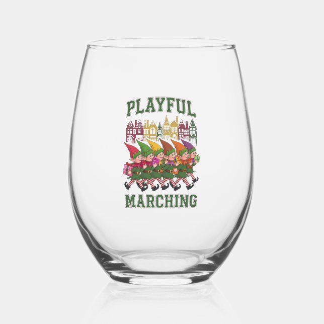 Christmas Elf Parade Stemless Wine Glass (Front)