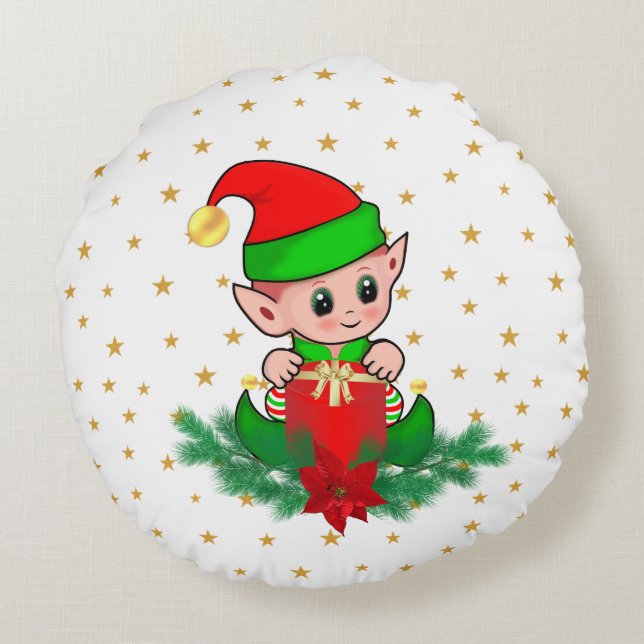 Christmas elf, pine, poinsettia & stars Round Pillow (Back)