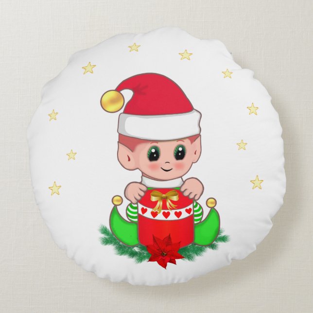 Christmas elf, pine, poinsettia & stars round pillow (Back)