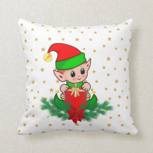 Christmas elf, pine, poinsettia & stars throw pillow