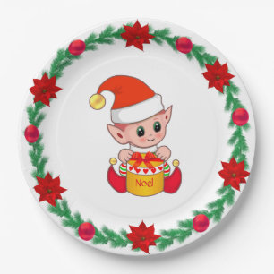 Christmas Elf, pine wreath, poinsettias & balls P Paper Plate