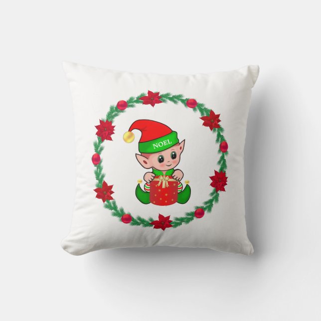 Christmas elf, pine wreath, poinsettias & balls throw pillow (Front)