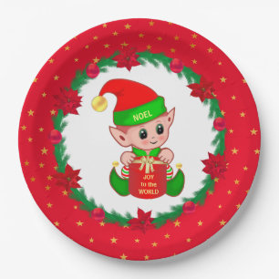 Christmas elf, pine wreath, poinsettias & stars paper plate