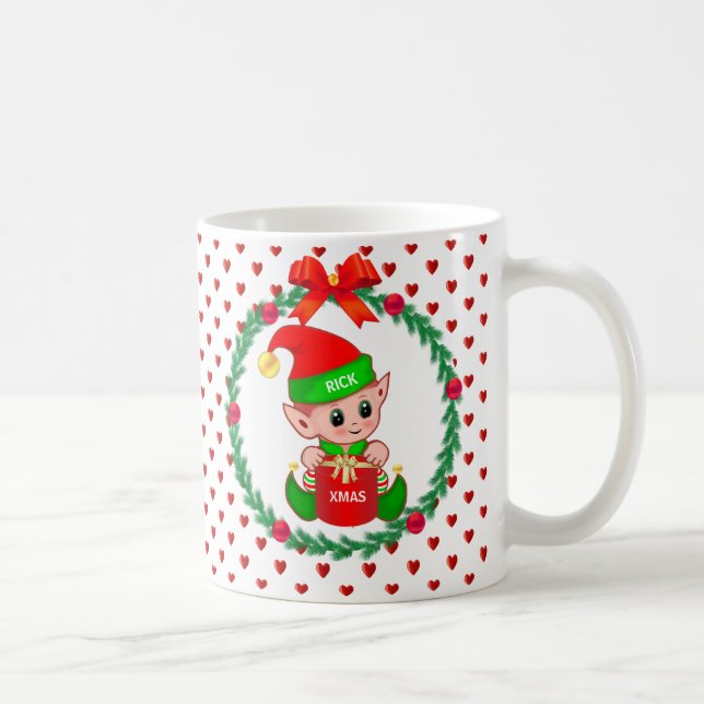 Christmas elf, pine wreath, red balls & hearts coffee mug (Right)