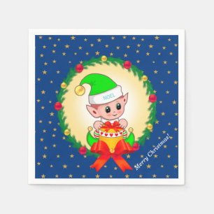 Christmas elf, pine wreath & stars on blue napkin