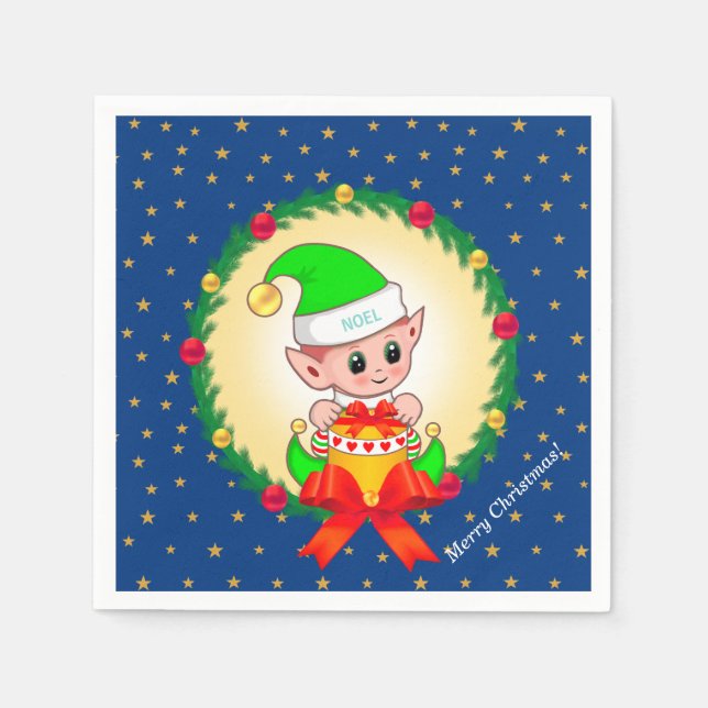 Christmas elf, pine wreath & stars on blue napkin (Front)