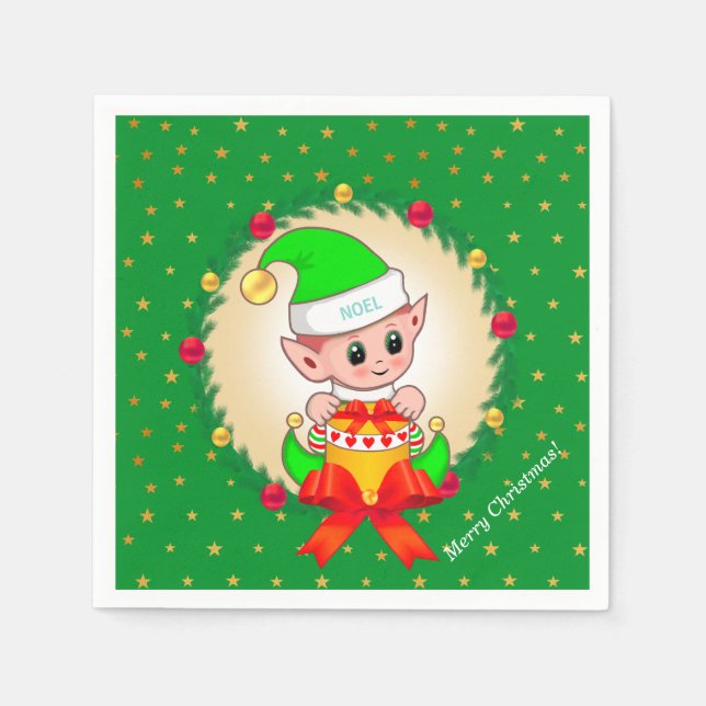 Christmas elf, pine wreath & stars on green napkin (Front)