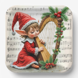 Christmas Elf Playing a Harp Paper Plate