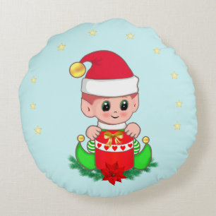Christmas elf, poinsettia & stars on light blue round pillow