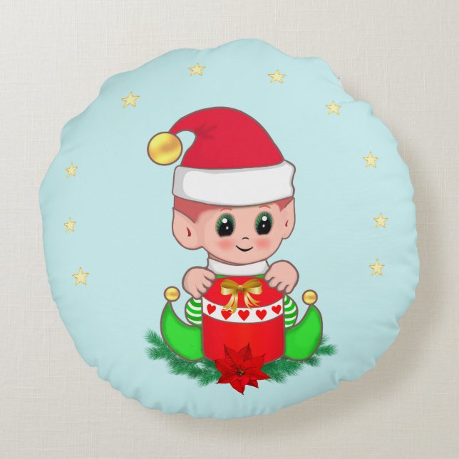 Christmas elf, poinsettia & stars on light blue round pillow (Back)