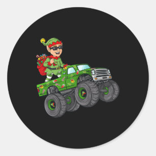 Christmas Elf Riding Monster Truck Boys Kids Famil Classic Round Sticker