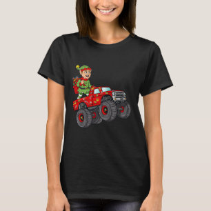 Christmas Elf Riding Monster Truck Boys Kids Famil T-Shirt