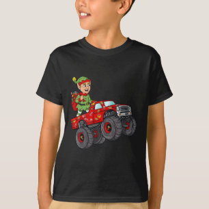 Christmas Elf Riding Monster Truck Boys Kids Famil T-Shirt