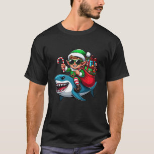 Christmas Elf Riding Shark Santa Hat Candy Cane Xm T-Shirt