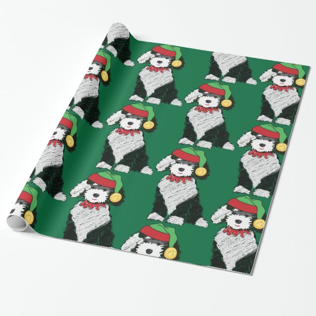 Christmas Elf Sheepadoodle Green Wrapping Paper (Unrolled)