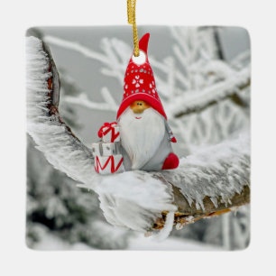 Christmas Elf Snowy Trees Ceramic Ornament