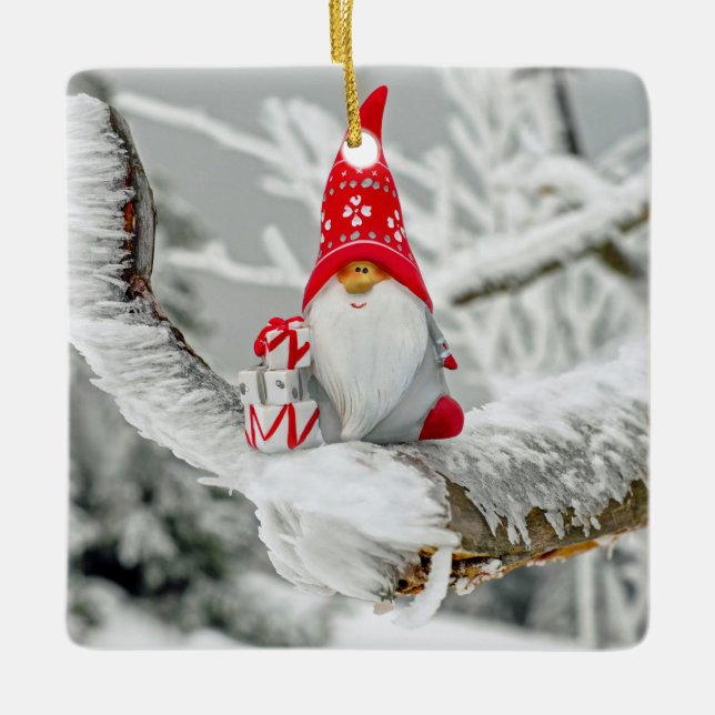 Christmas Elf Snowy Trees Ceramic Ornament (Front)