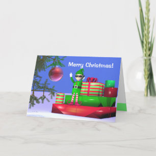 Christmas Elf Standing on Gifts Holiday Card
