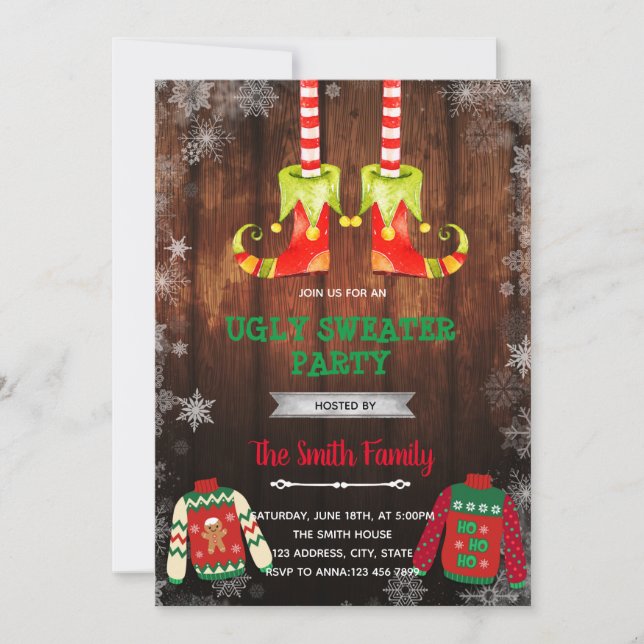 Christmas elf ugly sweater theme invitation (Front)