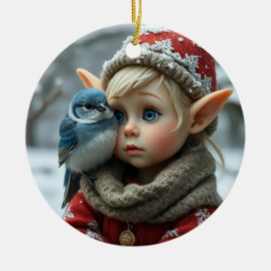 Christmas Elf with Bluebird Ceramic Ornament