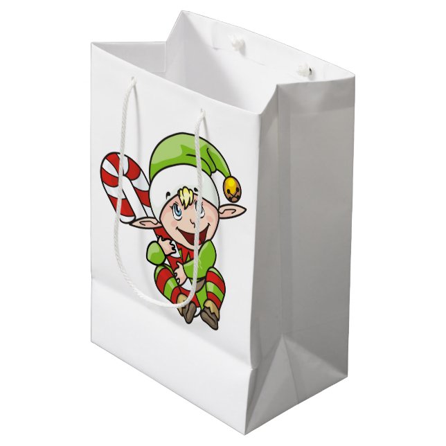 Christmas Elf with Candy Cane Children's Medium Gift Bag (Front Angled)