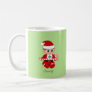 Christmas elf with candy cane & text on green coffee mug