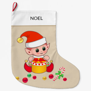 Christmas elf with Christmas balls on beige Large Christmas Stocking