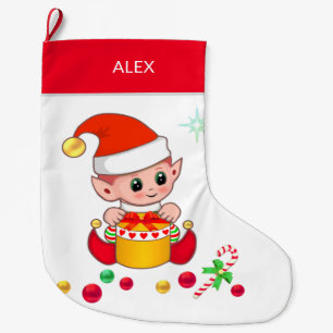 Christmas elf with Christmas balls on white Large Christmas Stocking