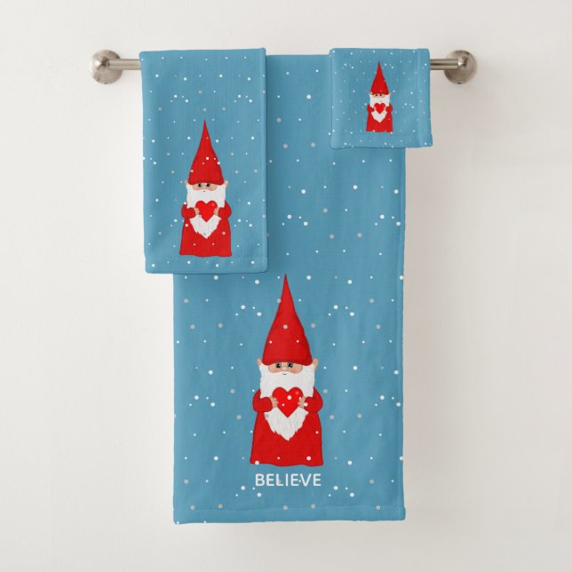Christmas Elf with Heart on Sapphire Blue Bath Bath Towel Set (Insitu)