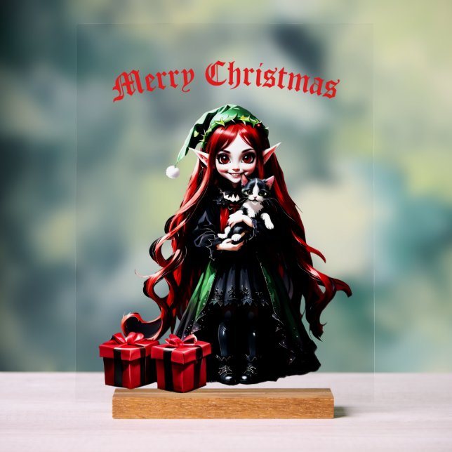 Christmas Elf with Kitten.  Acrylic Sign (Neutral)