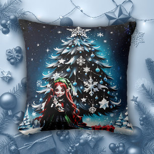 Christmas Elf with Kitten. Throw Pillow