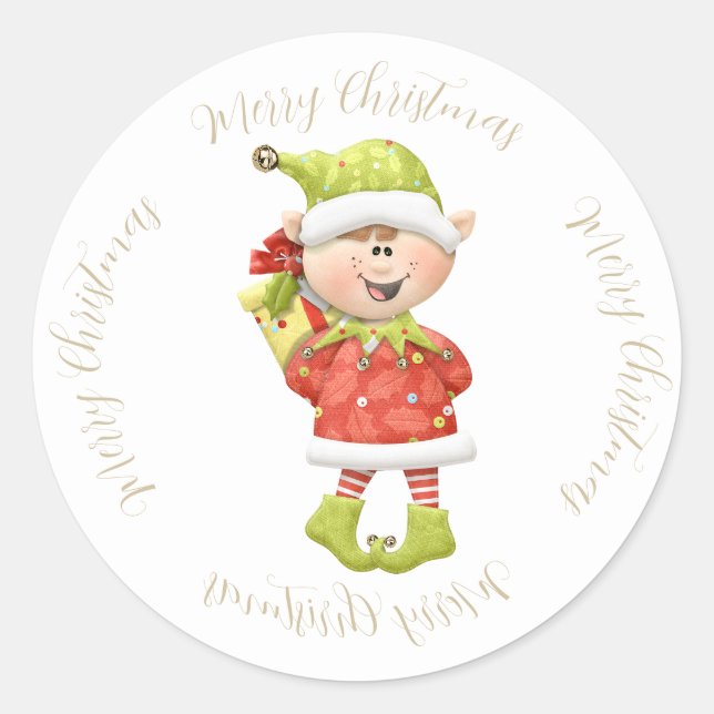 Christmas Elf with Present Classic Round Sticker (Front)