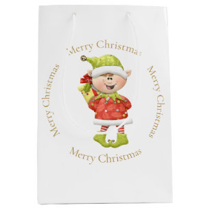 Christmas Elf with Present Medium Gift Bag
