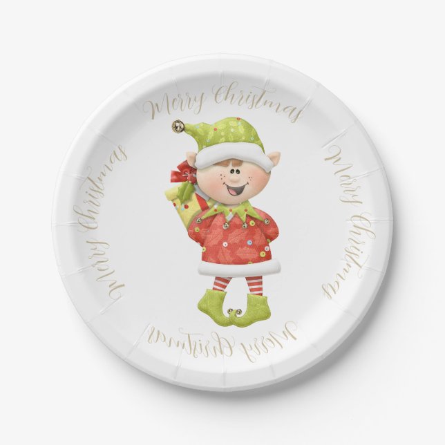 Christmas Elf with Present Paper Plate (Front)