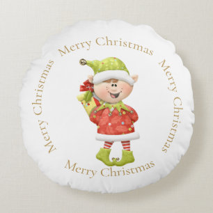 Christmas Elf with Present Round Pillow