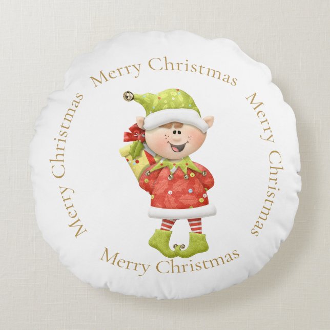 Christmas Elf with Present Round Pillow (Front)