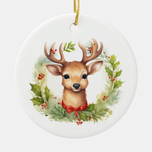 Christmas Elk Deer with Holiday Wreath Ceramic Ornament