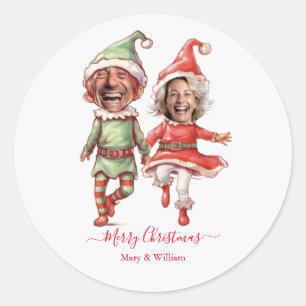 Christmas elves couple classic round sticker