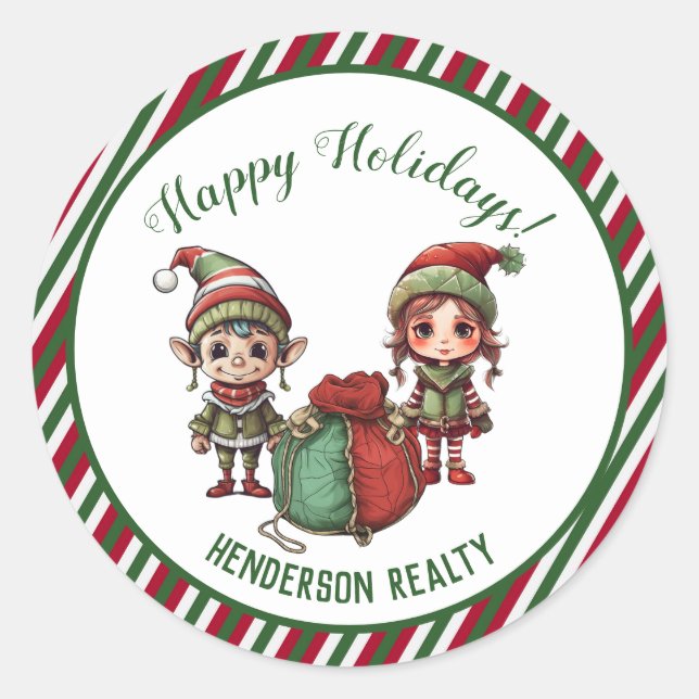 Christmas Elves Custom Holiday Business Classic Round Sticker (Front)