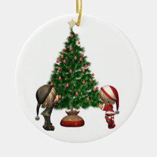 Christmas Elves - decorate the tree Ceramic Ornament