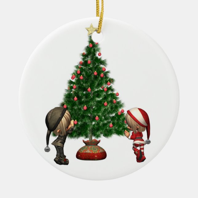 Christmas Elves - decorate the tree Ceramic Ornament (Front)