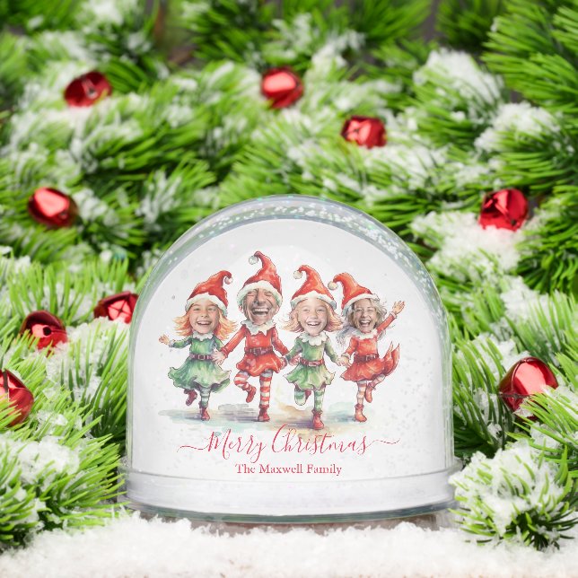 Christmas Elves Family 4 Photo Collage Snow Globe (Christmas)